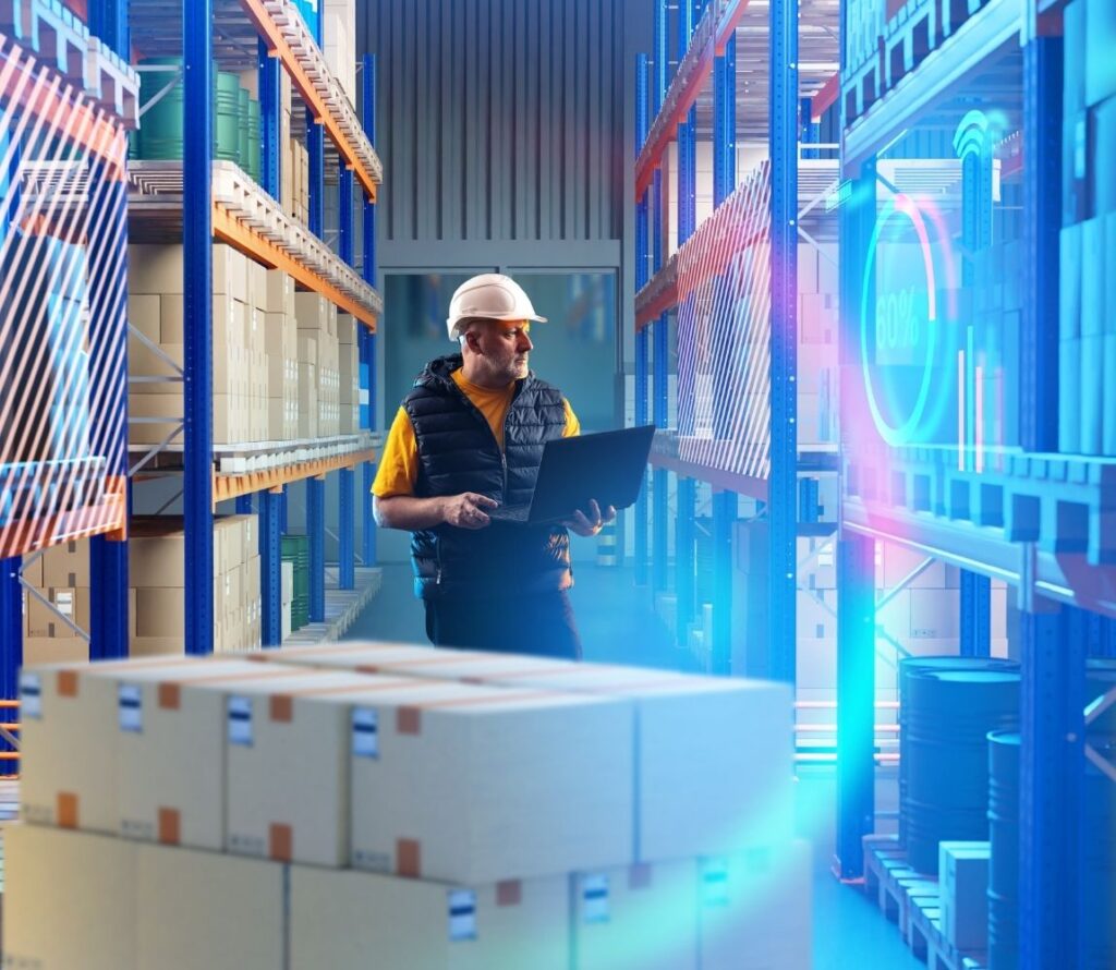 Warehouse staff managing inventory in a Long Beach distribution center using modern logistics technology.