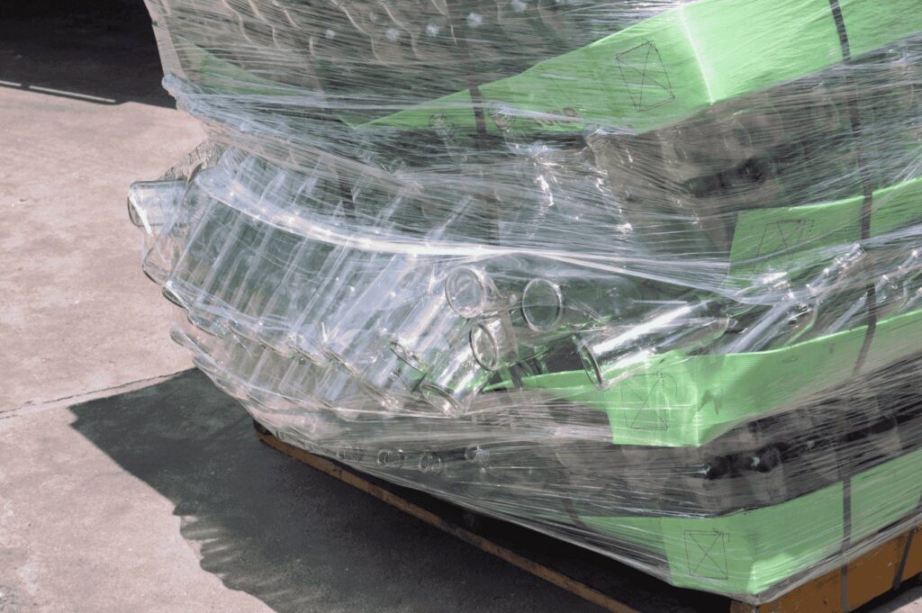 Rewrapped and secured pallets with protective green straps at a Tampa rework facility