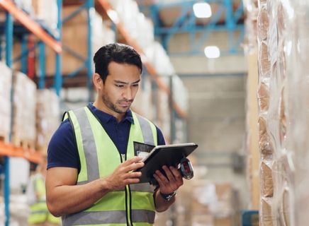 Warehouse inventory management system displaying real-time stock tracking and order fulfillment operations.