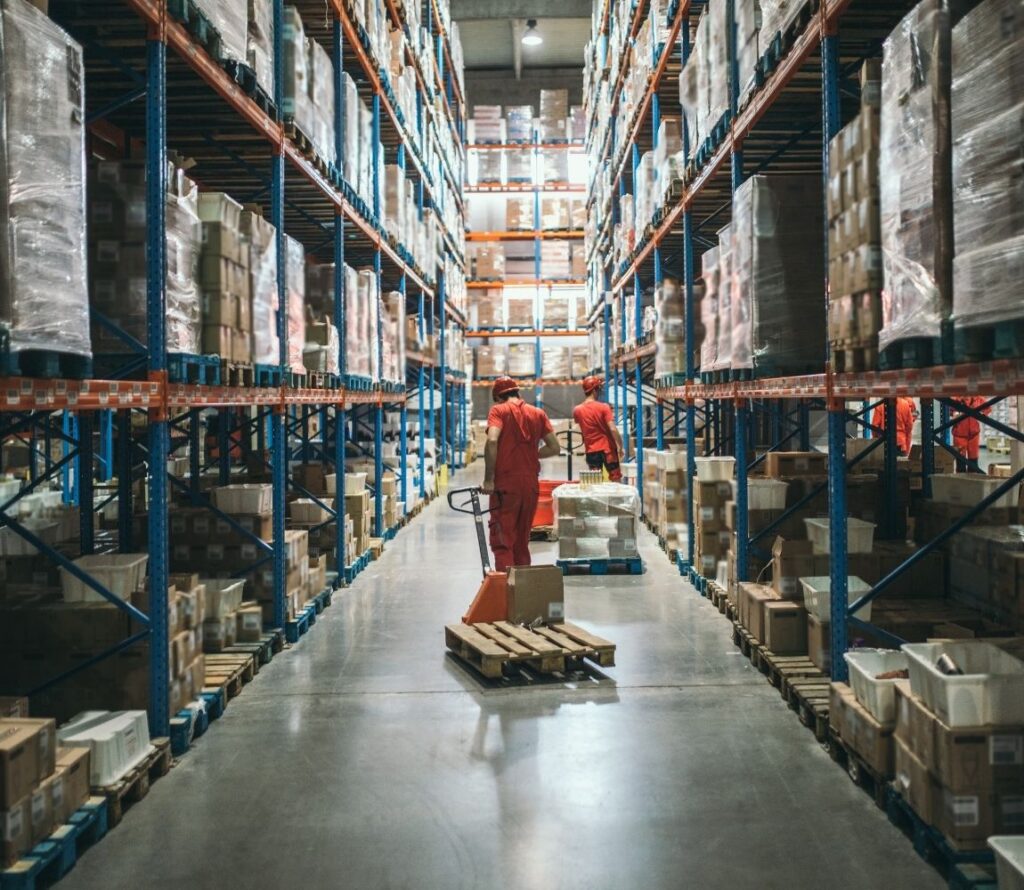 warehouse interior showing pallet storage, inventory management, and fulfillment operations.