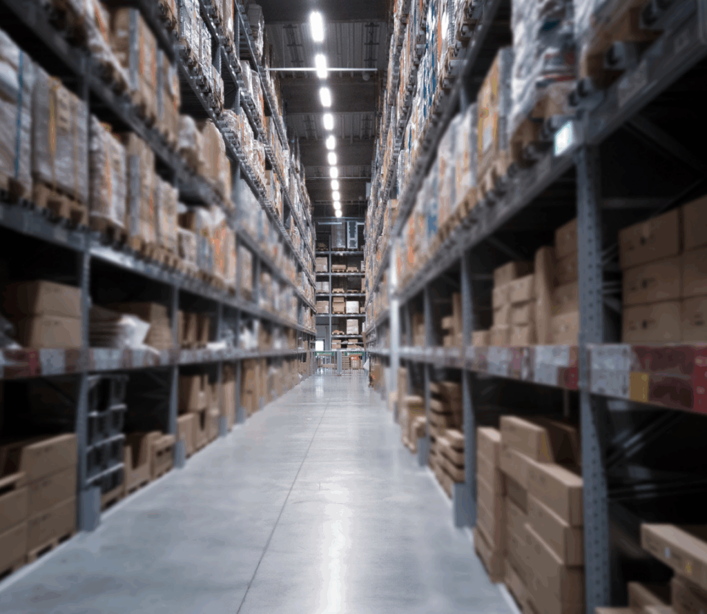 Pallet storage inside Romeoville warehouse with racking systems.