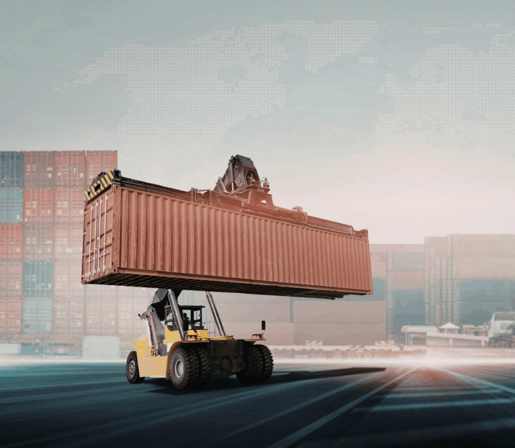 Container transloading from shipping container to truck trailer.