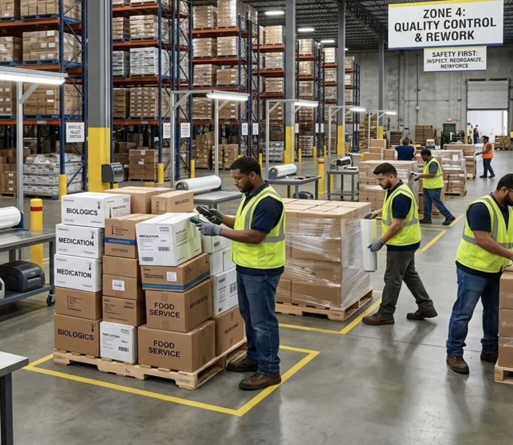 Warehouse team restacking and securing pallets in Johnstown, NY